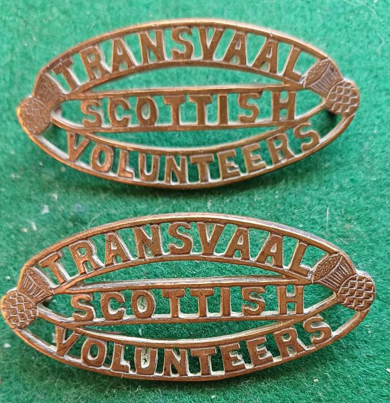 SA Army Transvaal Scottish Volunteers brass titles pair O2339 worn 1902 - 11