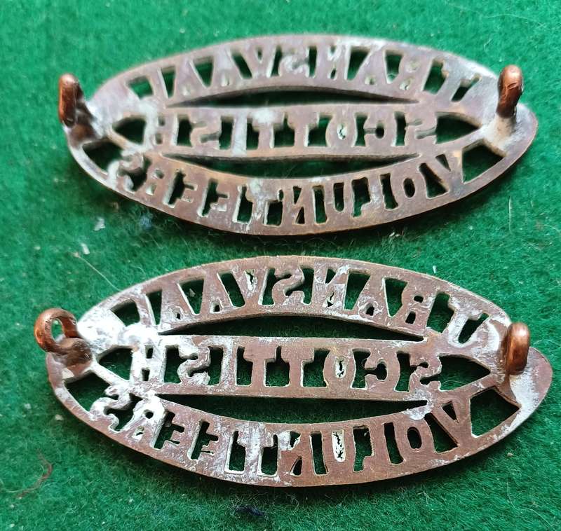 SA Army Transvaal Scottish Volunteers brass titles pair O2339 worn 1902 - 11