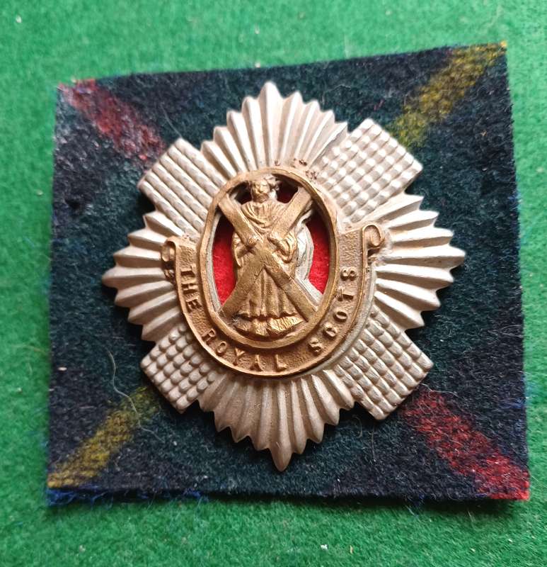 British Army Royal Scots 1st Bn cap badge on Hunting Stewart Tartan backing