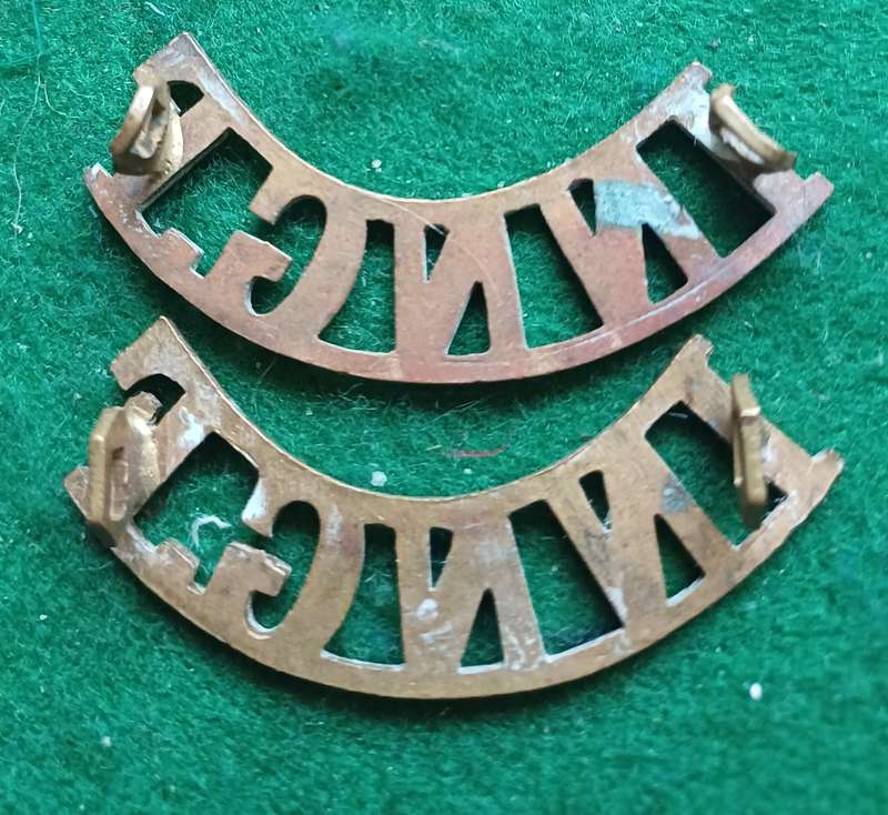 British Army Royal Inniskilling Fusiliers brass titles pair, D lugs