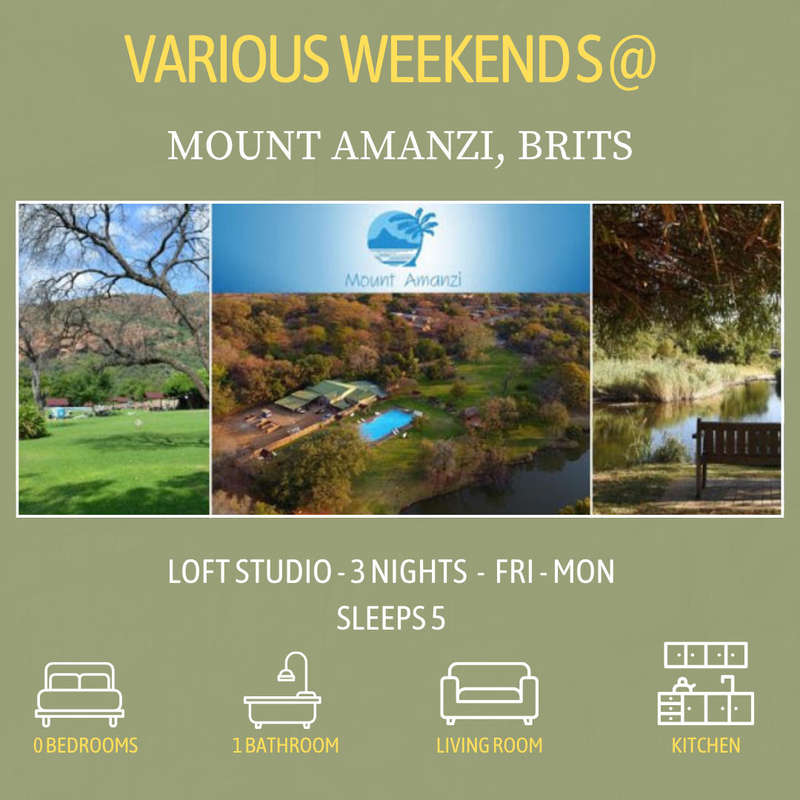 Varoius Weekends @ Mount Amanzi, Brits (3 Nights) Sleeps 5