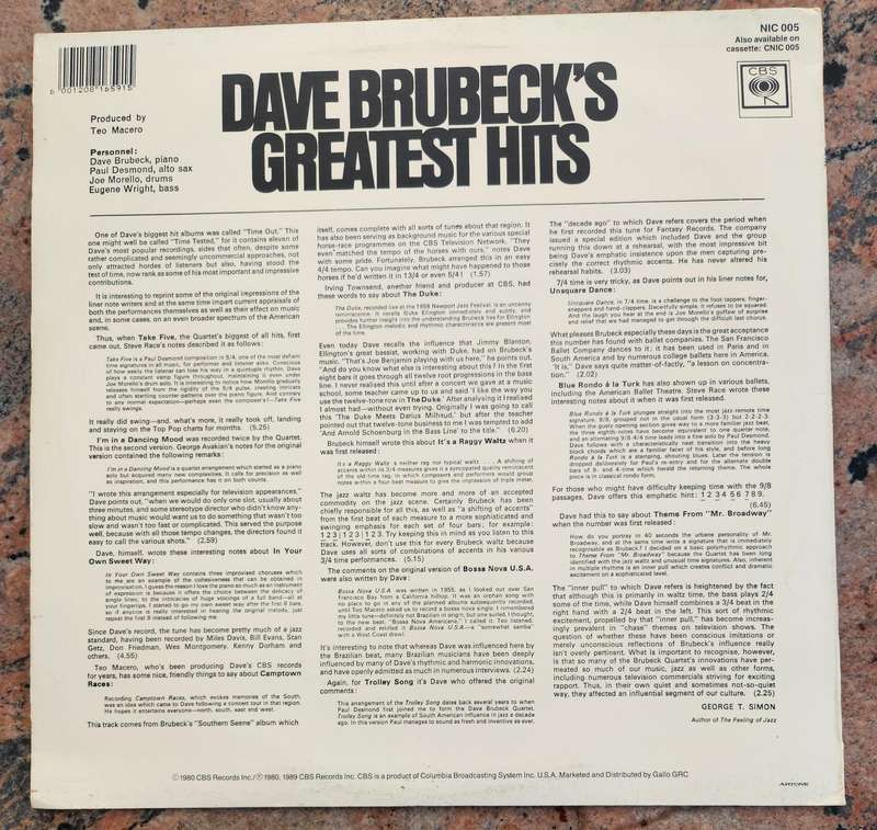 DAVE BRUBECK Greatest Hits (Very Good+/Very Good+) CBS NIC 005 SA Pressing