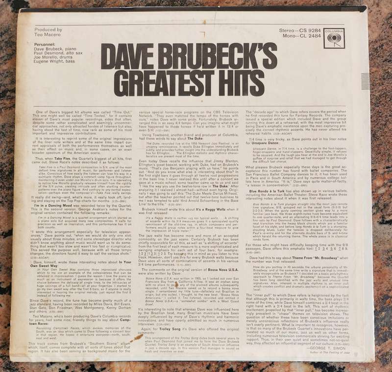 DAVE BRUBECK Greatest Hits (G/VG) Columbia CS 9284 USA Pressing