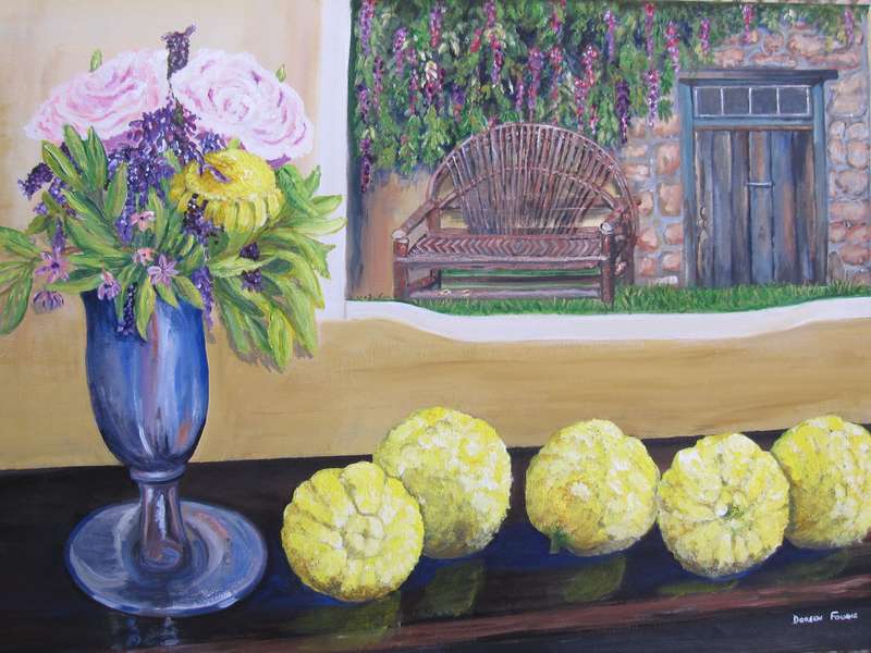 Original acrylic painting of a scene from front porch (594cmx420cmx18cm) by Doreen Fourie