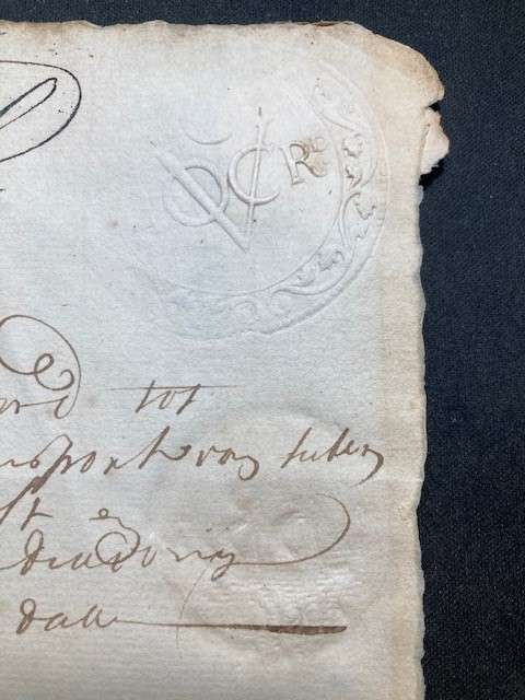 V.O.C. Monogram and "FLUYT" embossment on revenue document