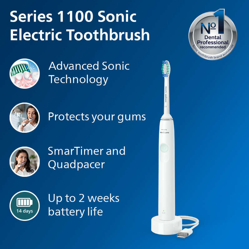 Philips Sonicare 1100 Series Electric Toothbrush, HX3641/01 - White Mint