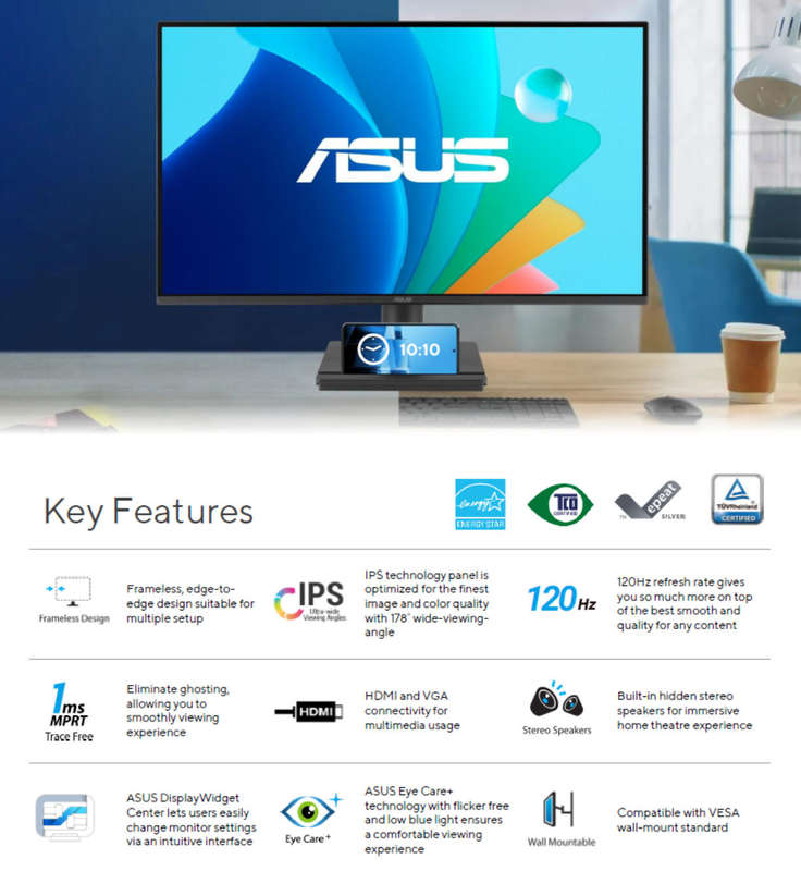 ASUS VA259HGA 24.5" Eye Care IPS FHD Frameless 120Hz Adaptive-Sync Gaming Monitor