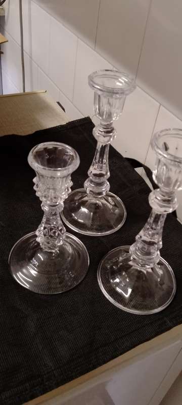 3x pressed glass candle holders
