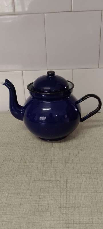 Vintage royal blue enamel teapot made in Poland.