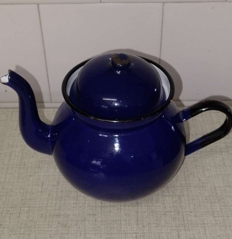Vintage royal blue enamel teapot made in Poland.