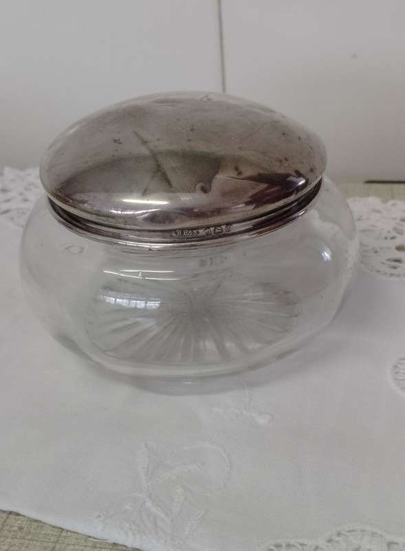 Cut Glass Dressing Table Powder Bowl with Silver Lid
