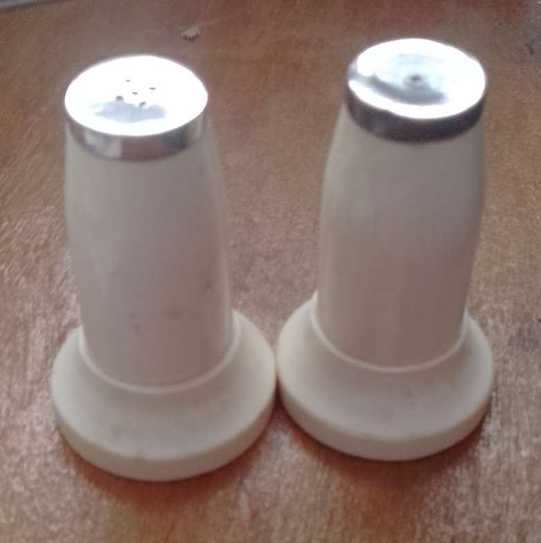 A pair of bone salt and pepper shakers