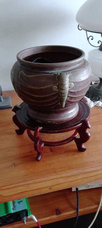 *###A LARGE BRONZE ? ORIENTAL STAMPED SIGNATURE  JARDINIERE with Elephant trunk decor.