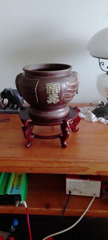 *###A LARGE BRONZE ? ORIENTAL STAMPED SIGNATURE  JARDINIERE with Elephant trunk decor.