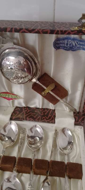 A EPNS vintage apostle tea spoons and tea strainer.