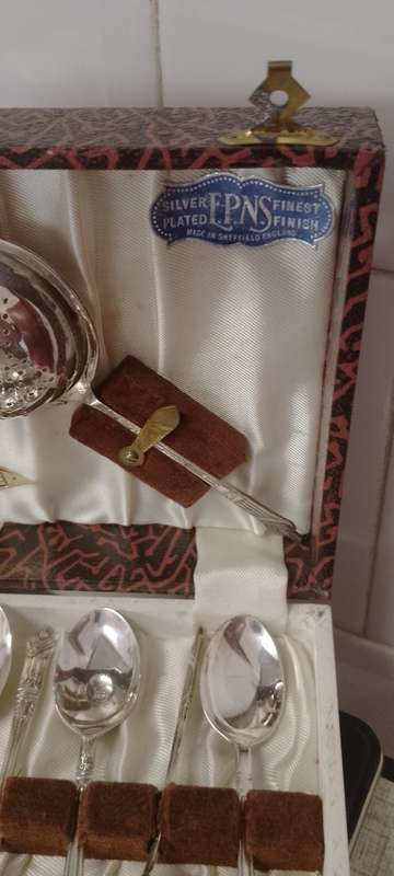 A EPNS vintage apostle tea spoons and tea strainer.