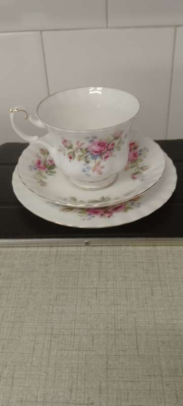 A vintage Royal Albert Moss Rose trio. Cup and saucer