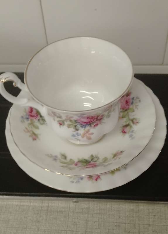 A vintage Royal Albert Moss Rose trio. Cup and saucer