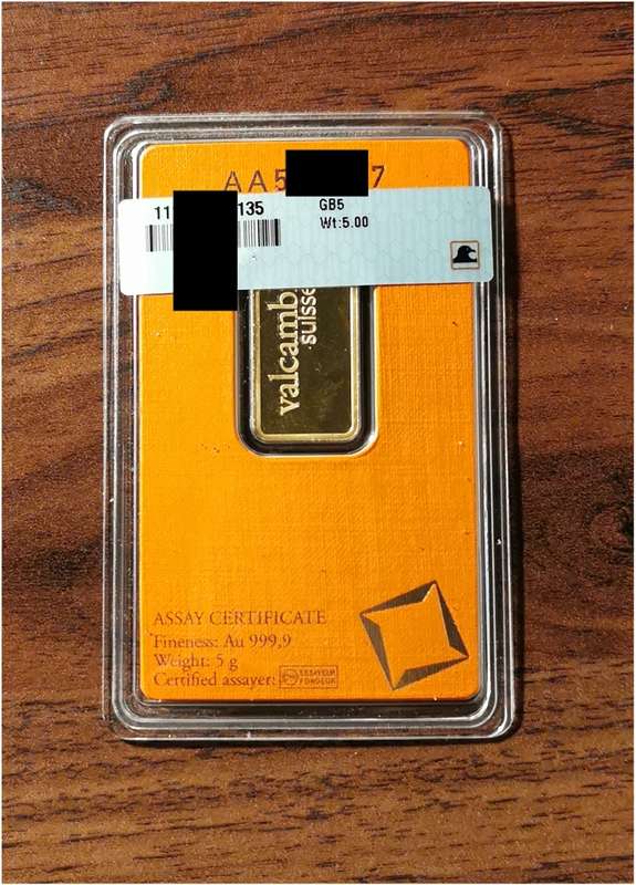 5 gram 24kt .999 Fine Gold Bar - Valcambi Suisse - Country of Origin UAE (Assay and Certified)