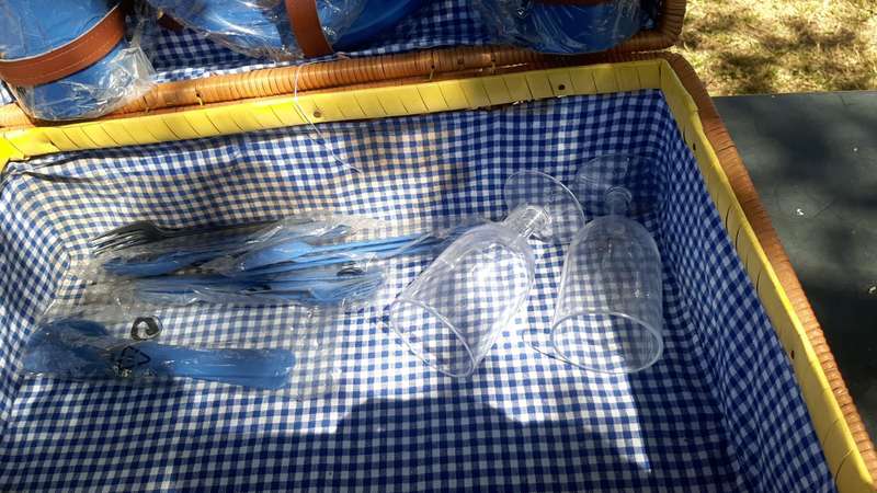 Woven picnic basket - set of 4 in Blue and white check trim + Braai Set Utensils As Good As New