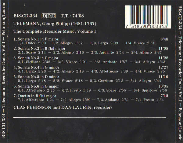 CD - Georg Philipp Telemann - Clas Pehrsson, Dan Laurin - The Complete Recorder Duets, Volume I