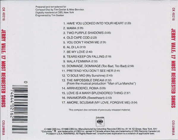 CD - Jerry Vale - 17 Most Requested Songs (New Sealed)