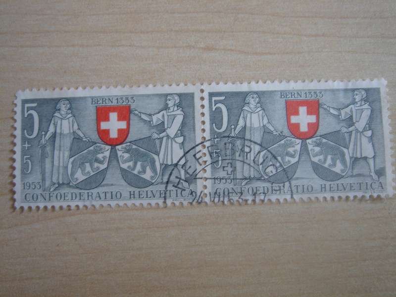 1953 Helvetia - Arms of Glarus & Zug - 5+5 horizontal pair used, stamped