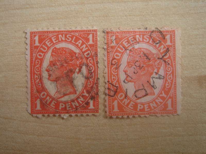 1895 Queensland 2 x 1d different color tones, used, stamped