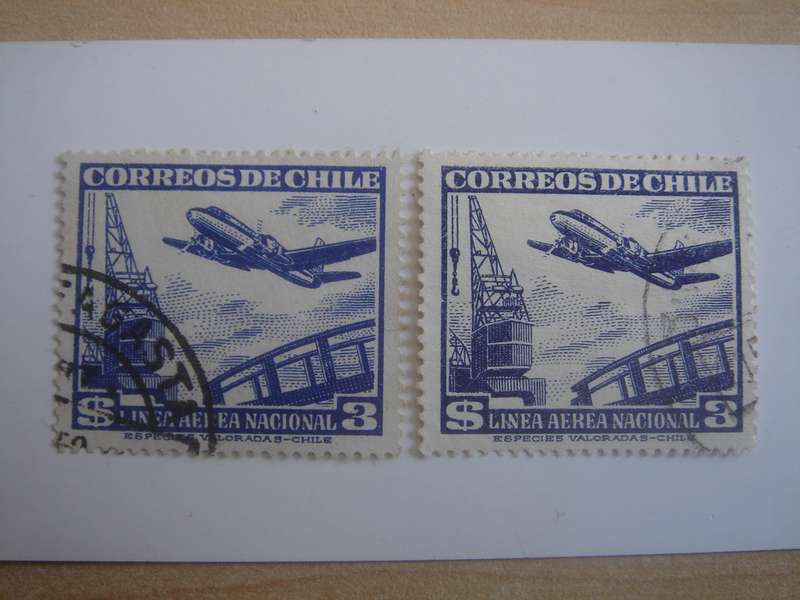 1942 Chile - Aeroplanes SG404f - $3 used, stamped (different color tones)