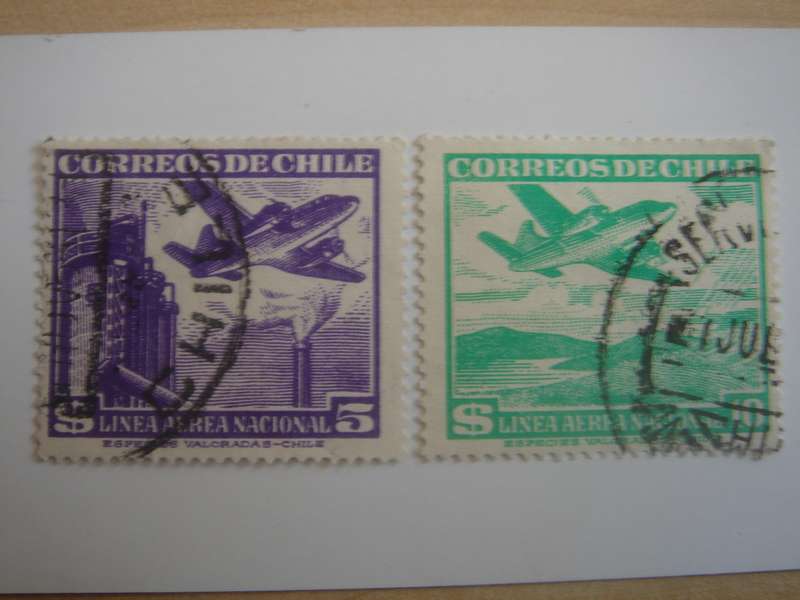 1942 Chile - Aeroplanes SG403,404h - $5, $10 used, stamped