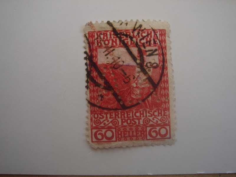 1908 Austria - Franz Josef I on Horse SG201 used, stamped with perfins 'A.K.'