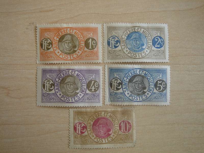 1909 St. Pierre et Miquelon - Fisherman SG79-81,109,111 used, stamped