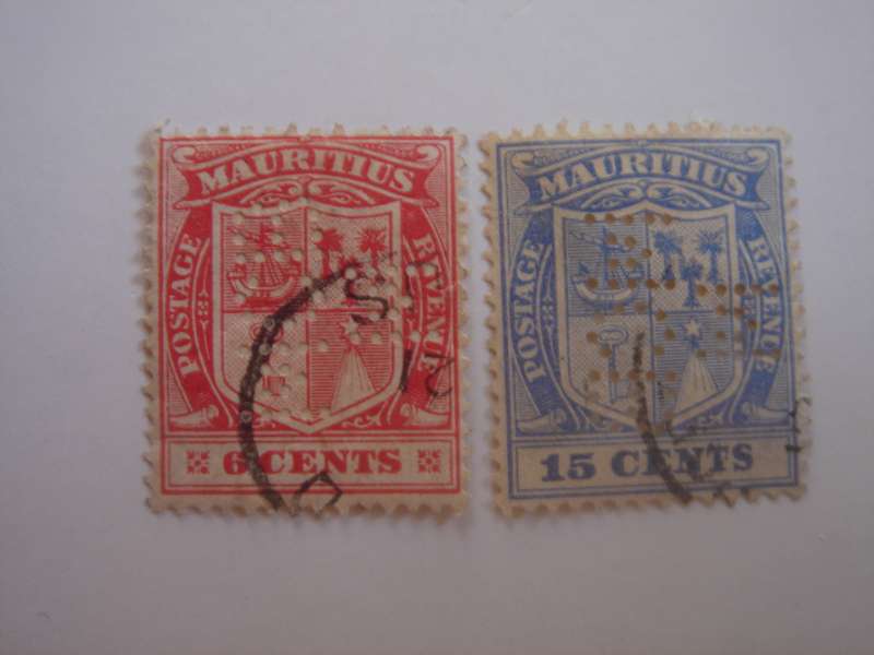 1910 Mauritius - Coat of Arms - SG186,189 used, stamped with perfins 'MBC M'