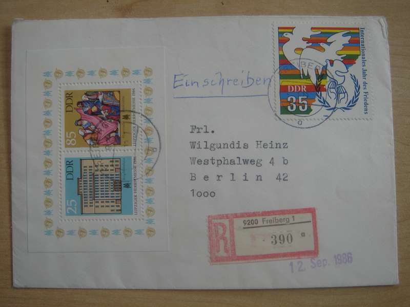 1986 DDR MiNr 3036, 3038-3039 in Block 85 used on registered letter