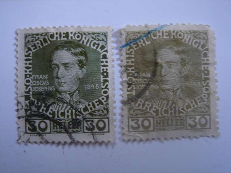 1908 Austria - Franz Joseph I 2 x SG198 used, stamped (different color tones)