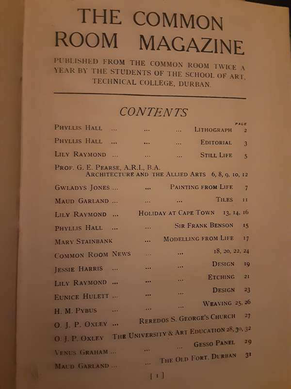 The Common Room Magazine published by the students School of Art Tech College Durban 1922 to 1941