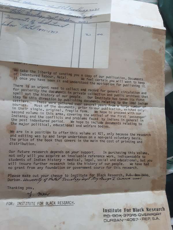 Documents of Indentured Labour Natal 1851 1917 by Y S Meer ***with letter signed Fatima Meer**