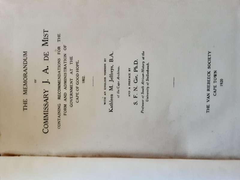 The Memorandum of Commissary J A de Mist with an English version by K M Jeffrey's  VRS 3