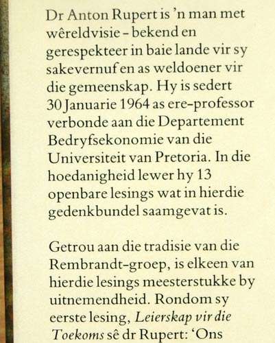 Dr Anton Rupert - Pro Munere Grates -- S. Marx