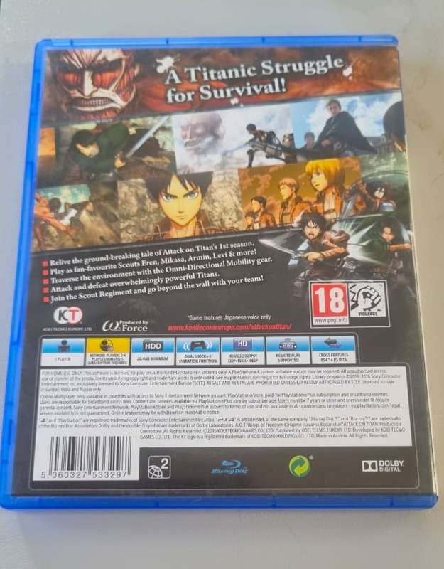Rare Attack On Titan Wings Of Freedom PS4 Game Complete