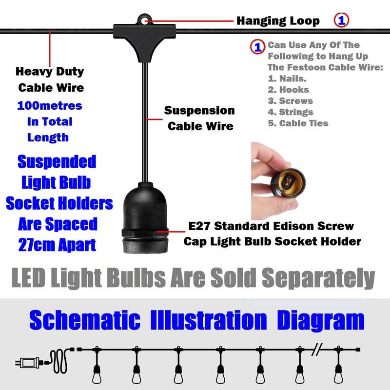 100m 220V Heavy Duty Durable Festoon Cable Wire. E27 Suspended Bulb Holders. Takes Approx 310 Bulbs.