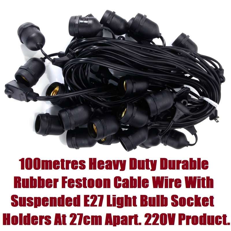 100m 220V Heavy Duty Durable Festoon Cable Wire. E27 Suspended Bulb Holders. Takes Approx 310 Bulbs.