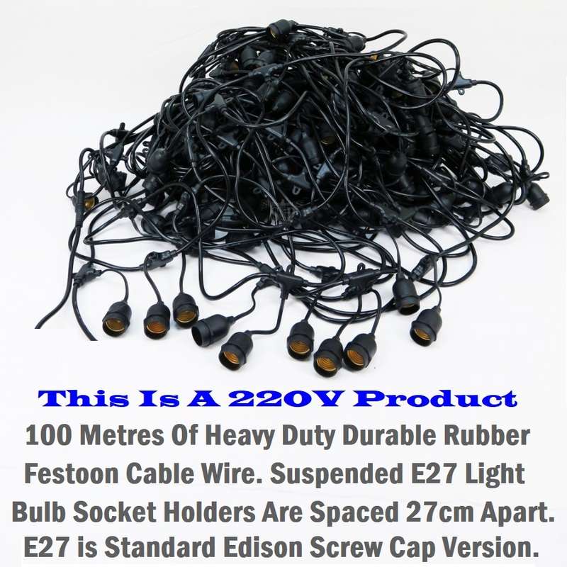 100m 220V Heavy Duty Durable Festoon Cable Wire. E27 Suspended Bulb Holders. Takes Approx 310 Bulbs.