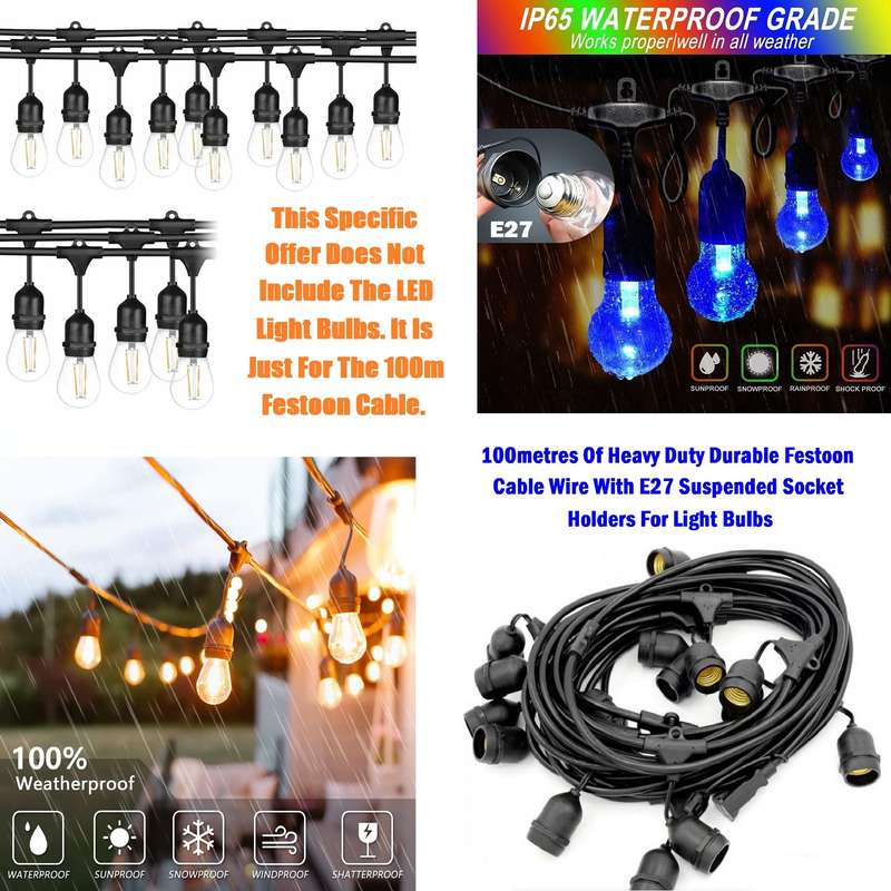100m 220V Heavy Duty Durable Festoon Cable Wire. E27 Suspended Bulb Holders. Takes Approx 310 Bulbs.