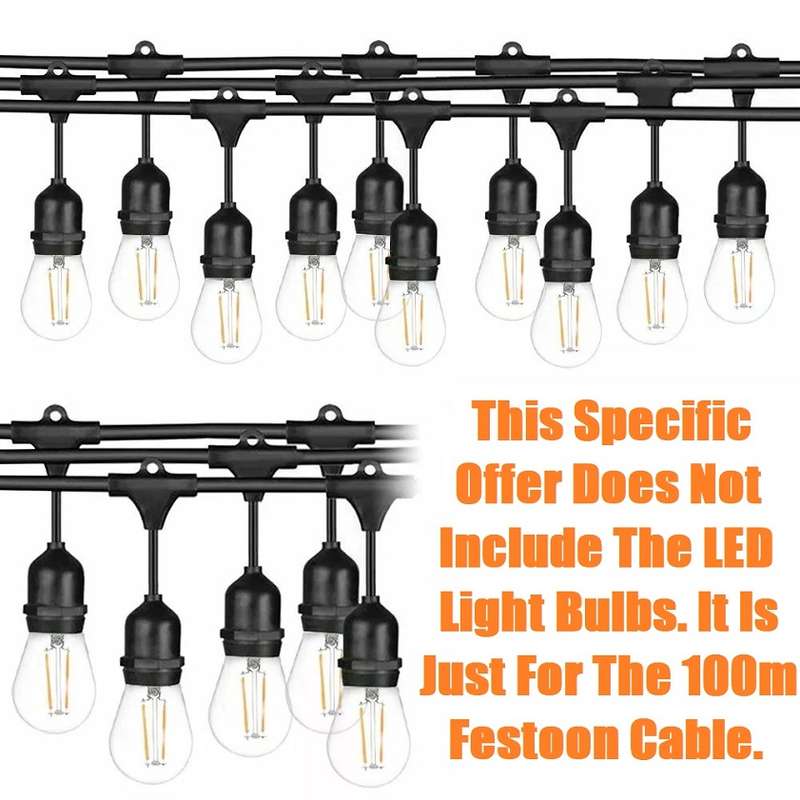 100m 220V Heavy Duty Durable Festoon Cable Wire. E27 Suspended Bulb Holders. Takes Approx 310 Bulbs.