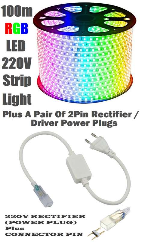 100m MultiColour LED RGB Strip Rope 2-Pin Light 220V + Connector Plug + End Cap. Collections Allowed