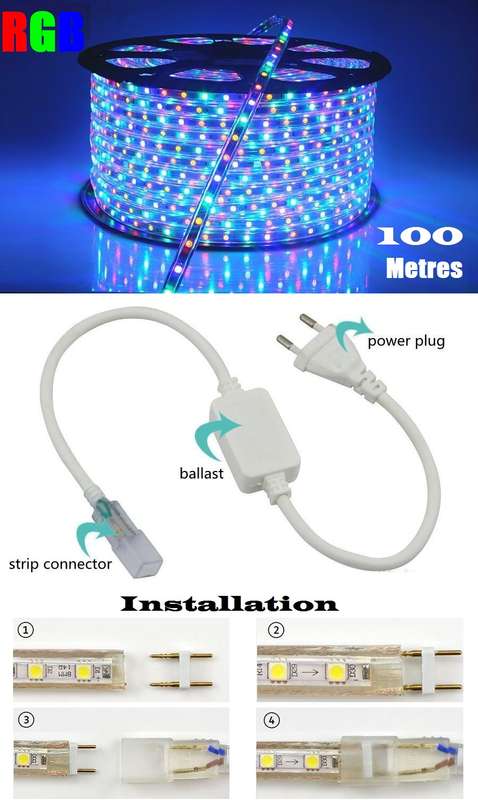 100m MultiColour LED RGB Strip Rope 2-Pin Light 220V + Connector Plug + End Cap. Collections Allowed