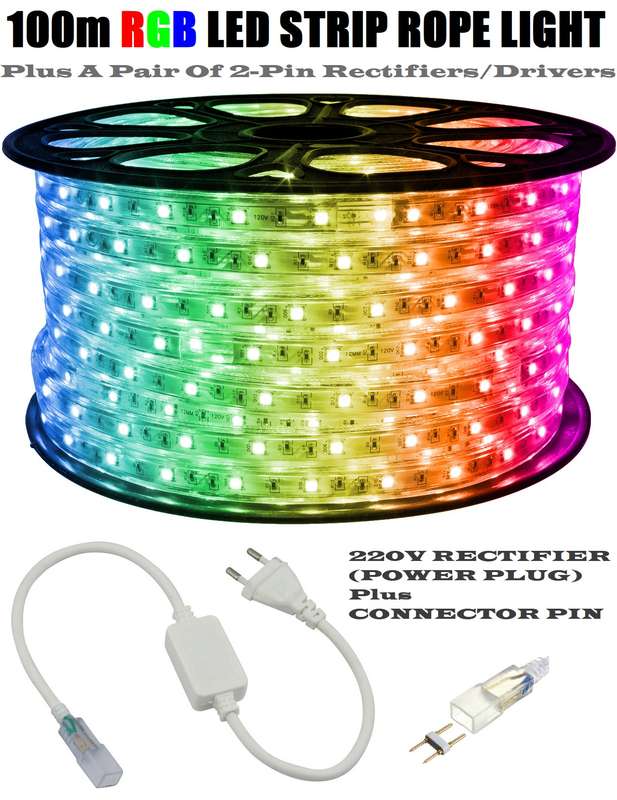 100m MultiColour LED RGB Strip Rope 2-Pin Light 220V + Connector Plug + End Cap. Collections Allowed