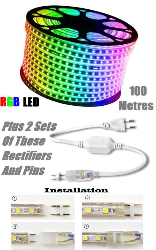 100m MultiColour LED RGB Strip Rope 2-Pin Light 220V + Connector Plug + End Cap. Collections Allowed