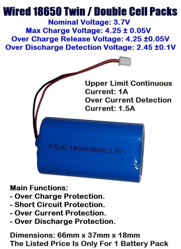 18650 Rechargeable Battery Pack 3.7V 2-Cells Pack/Twin Pack With XH2.54-2P Plug. Collections Allowed